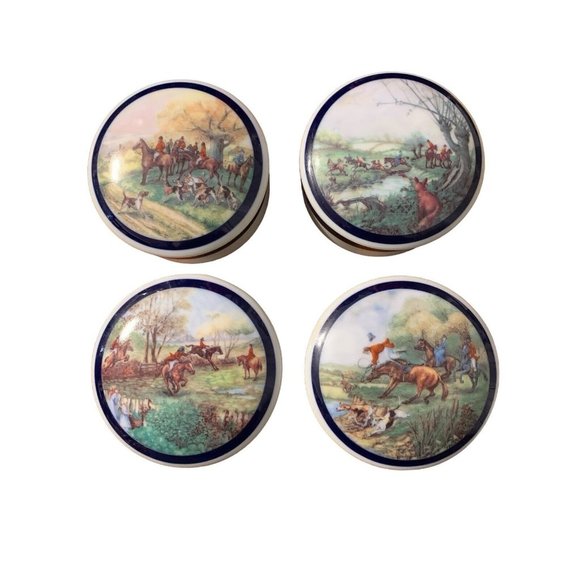 The Huntsman Round 3” Lidded Trinket Jewelry Box with Hunting Scene Lot of 4 - Picture 1 of 5